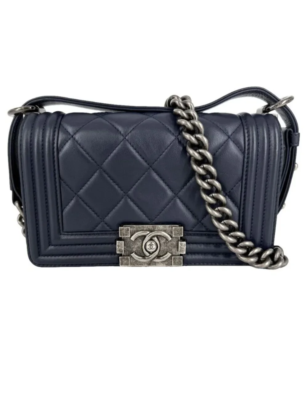 Chanel Shoulder Bag Quilted Boy Crossbody Lambskin Navy Silver